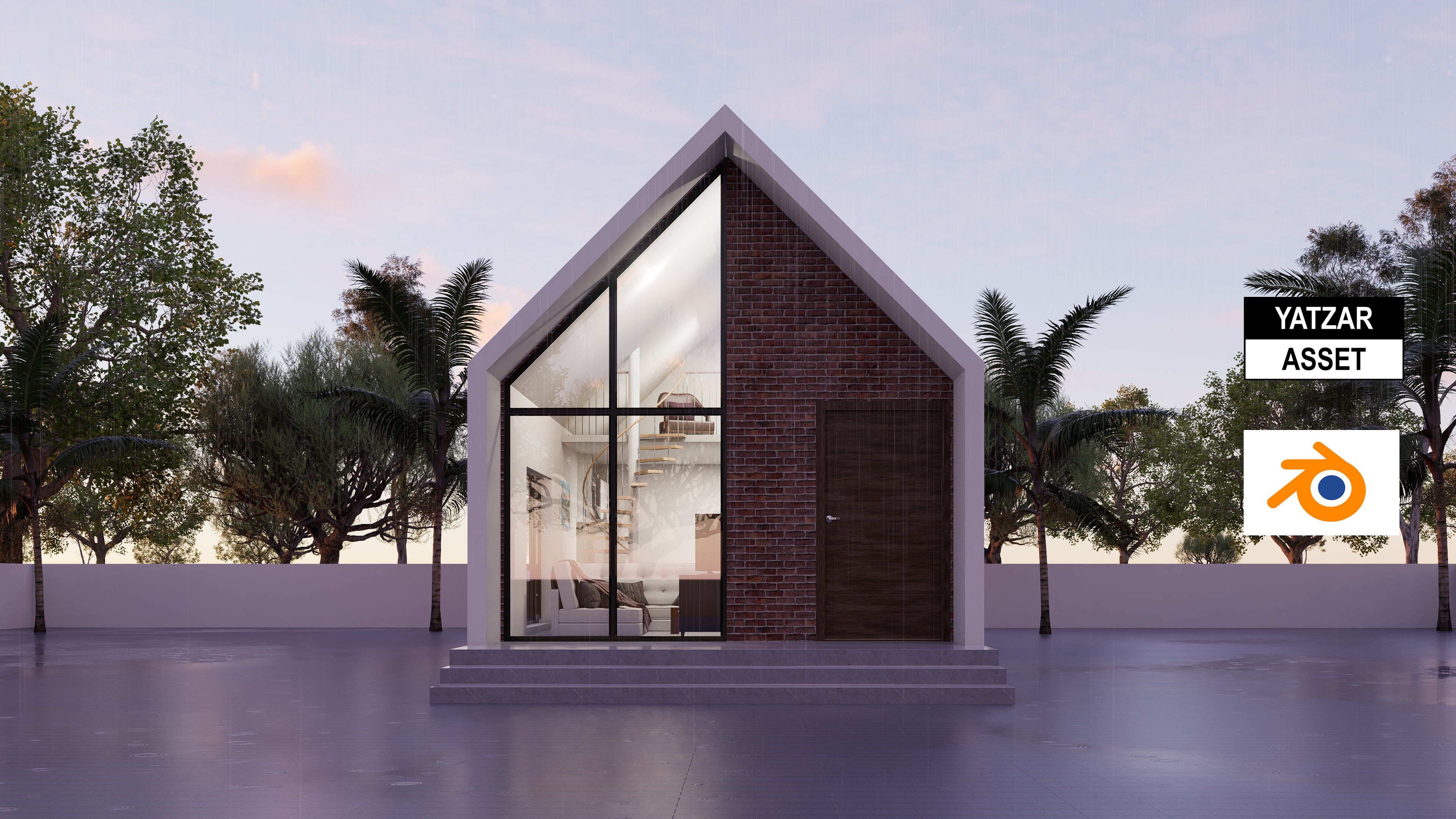 Yatzar Asset | Modern Sloped Roof 1BHK House | Blender 3D Model | 1348 sq.ft.