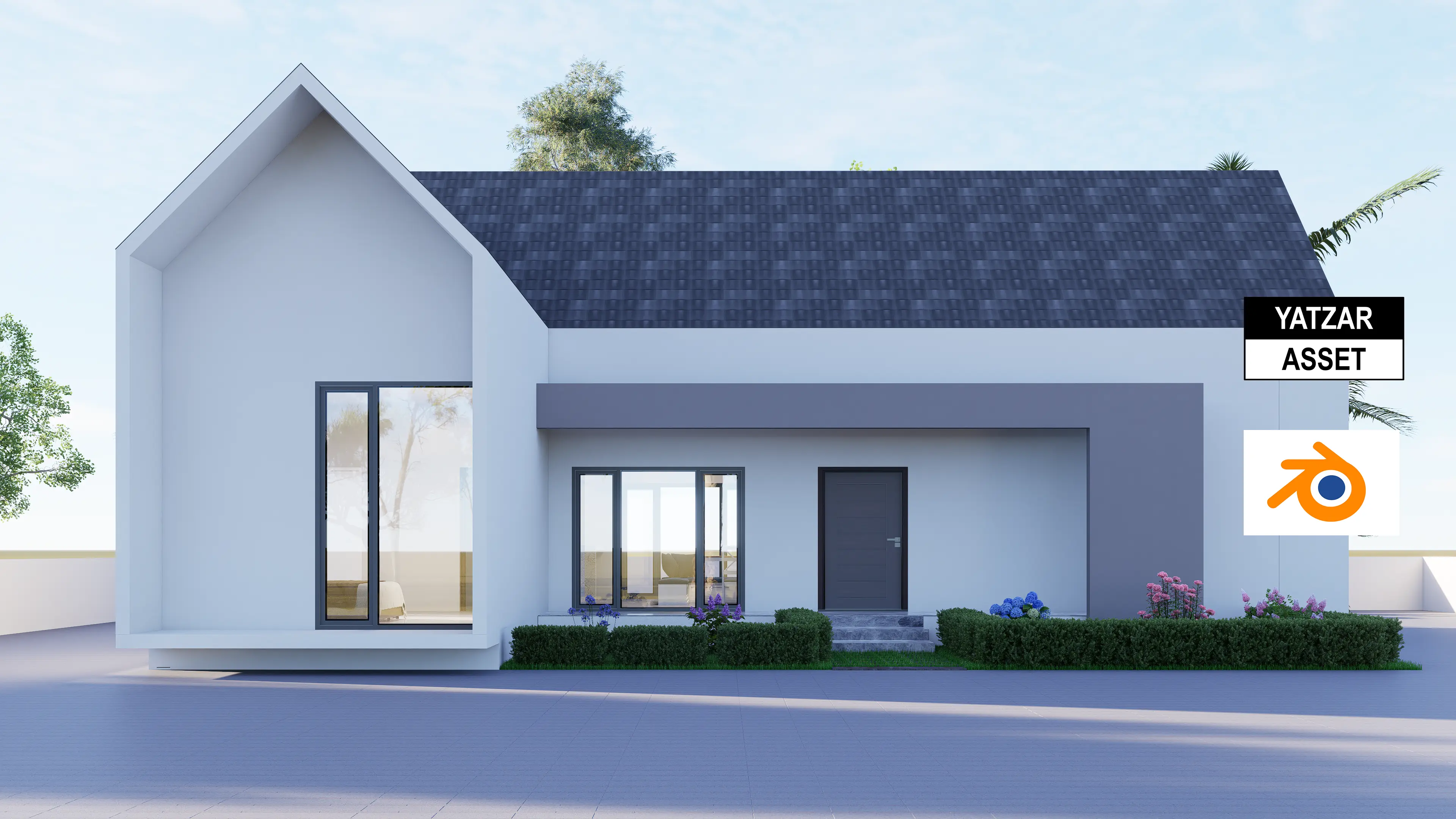 Yatzar Asset Modern Sloped Roof 1BHK House | Blender 3D Model | 1264 sq.ft.