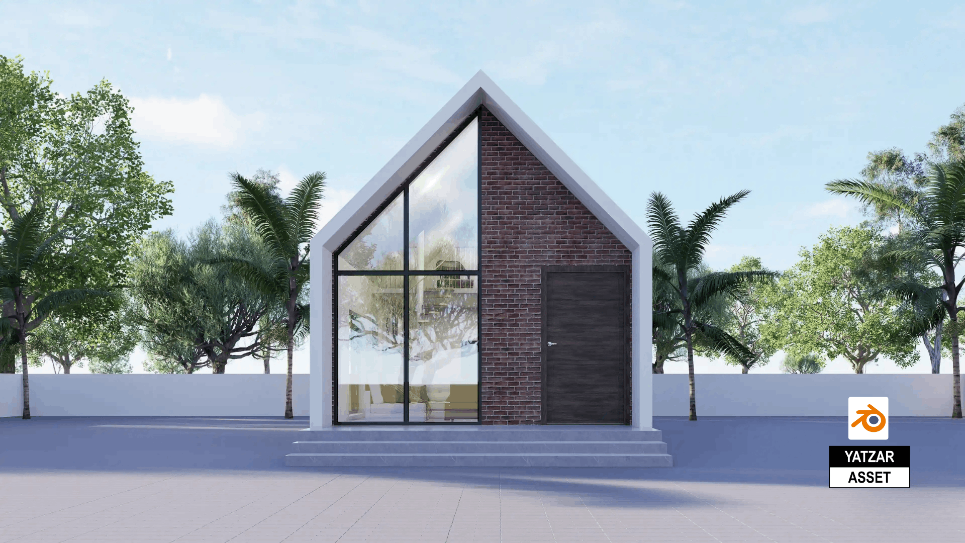 Yatzar Asset Modern Sloped Roof 1BHK House | Blender 3D Model | 1348 sq.ft.